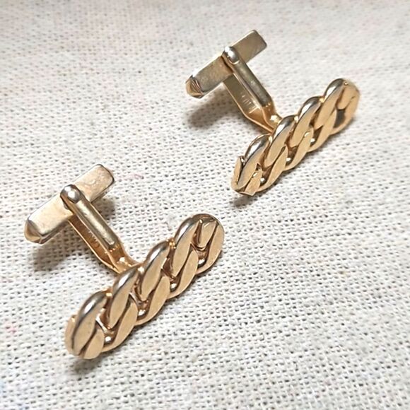 Vintage Swank Cuban Link Gold Plated MCM Cuff Links - Picture 2 of 4